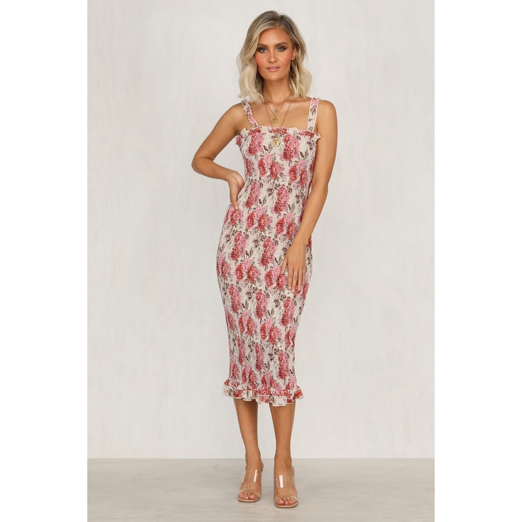 Floral Midi Bodycon Shirred Dress Runwayscout